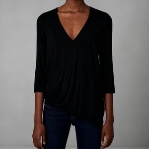 Krisa Surplice Draped Asymmetrical Top Black 3/4 Sleeve, size XS